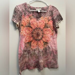 dressbarn Pink and Orange Floral V-Neck Tee